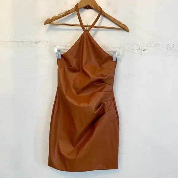 brown leather halter dress Roxy Leather Dress  Retrofete